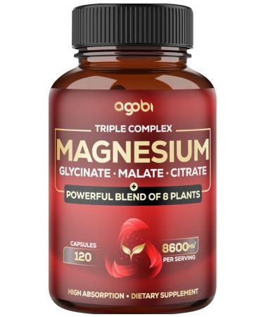 Triple Magnesium Complex 8600Mg Magnesium Glycinate Malate & Citrate - 11in1 Added Spinach Swiss Chard & Others - Support Calm Restful Mood & Muscle Cramp - 120 Vegan Capsules 120 Count (Pack of 1)