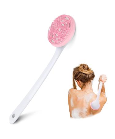 PINGKO Silicone Back Scrubber for Shower Bath Body Sponge Brush with Extra Long Non-Slip Handle Acne Exfoliating Brush with Soft Bristle for All Skin Back Cleaning Wash for Men Women (Light Pink)