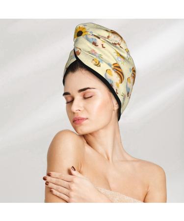 Quick-Dry Hair Towel Wrap - Watercolor Bee Design | Hair Drying Turban with Button | Hair Care Essential - Buy Online on GoSupps.com