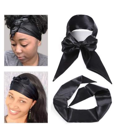 Leeven 2 Pcs Silky Satin Edge Scarves 4.5 x54  Large Wig Grip Band Women Satin Headband For Lace front Wigs Non Slip Hair Wrap Black Satin Edge Laying Scarf For Makeup  Facial Sport Yoga Black*2