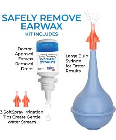 WaxBgone Earwax Removal Kit - Safe & Effective Ear Cleaning with Drops Large 2-oz Bulb Syringe & 3 SoftSpray Tips - Gentle Wax Softening & Foaming Action - Buy Online on GoSupps.com