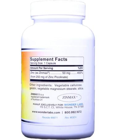 Wonder Laboratories Zinc Picolinate 50 mg | Zinmax Top Form of Zinc in Terms of Absorption for Immune Support 250 Capsules - Buy Online on GoSupps.com