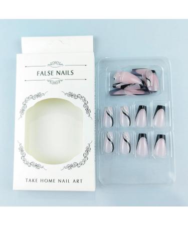 Shop Exquisite French Tip Medium Coffin Press On Nails - Black & Nude Glossy Acrylic Nails for Women | 24 Pcs Full Cover Glitter Nails - Buy Online on GoSupps.com