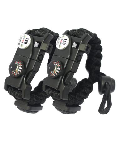 Daarcin Survival Paracord Bracelet,Fire Starter,Waterproof SOS Light, Compass, Whistle, Adjustable AK87 20 in 1,Outdoor Ultimate Tactical Survival Gear Set,Gift for Kids,Men 2pcs Black Upgraded