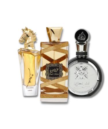 Lattafa for Unisex 3 Piece Eau de Parfum Gift Set (Maahir + Fakhar for Men + Oud Mood Elixir) 3.4 Ounce/100 ml each Animal-resinous