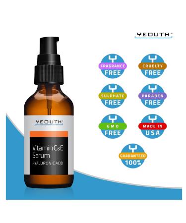 YEOUTH Vitamin C Serum with Hyaluronic Acid & Vitamin E - Brightening & Hydrating Face Serum for Dark Spots (2oz) - Buy Online on GoSupps.com