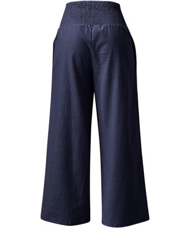 Navy Linen Palazzo Lounge Pants for Women | Elastic Wide Leg Trousers | Casual Summer Dress Pants - Size Small - Buy Online on GoSupps.com