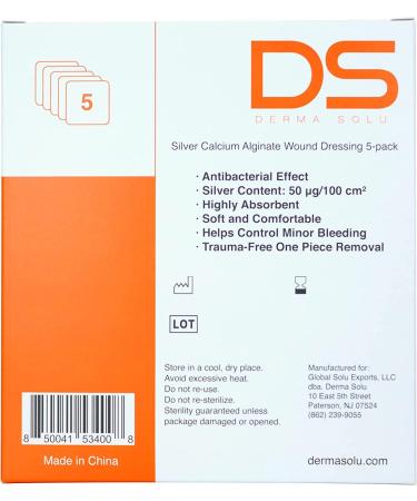 DERMA SOLU Silver Calcium Alginate Wound Dressing with Silver Sterile - 5 Dressings, 4 x 4 - Buy Online on GoSupps.com