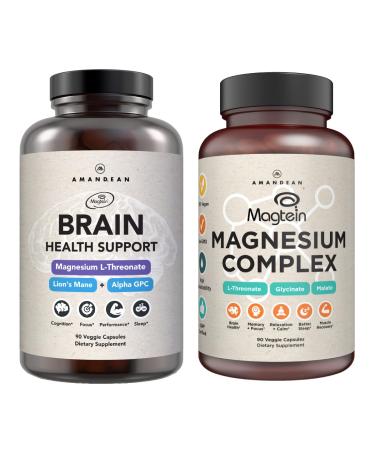 AMANDEAN Premium Brain & Magnesium Bundle: High-Absorption Magnesium L-Threonate Glycinate & Malate USA-Grown Organic Lion s Mane 6:1 Extract and Alpha-GPC. Supports cognitive health focus & sleep