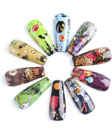 10 Sheets Halloween Nail Foil Transfers Stickers Pumpkin Spider Skull Ghost Witch Nail Decals Festival Party Supplies Decoration Manicure Tips Wraps - Buy Online on GoSupps.com