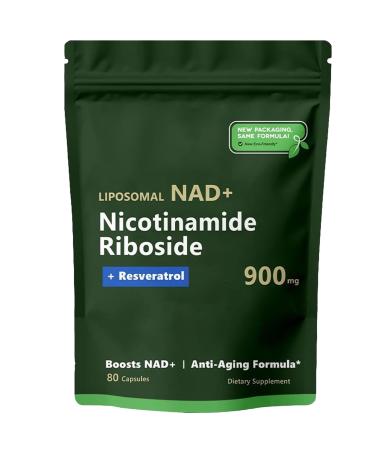 NAD+ Nicotinamide Riboside Resveratrol 900 mg, Resveratrol, Quercetin, Liposomal Nicotinamide Riboside for Vitality & Anti-Aging Support Energy Focus, 80 Capsules (1PC)
