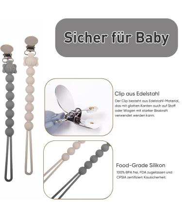 Silicone Pacifier Clip Set for Boys & Girls | 2-Pack Beige & Gray | Compatible with Most Pacifiers & Bite Toys - Buy Online on GoSupps.com