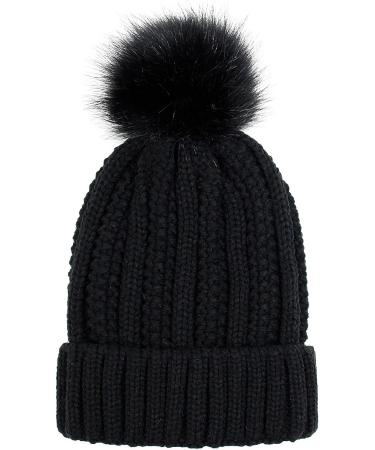Women's Winter Beanie Hat - Thermal Knitted Warm Earflap Cap with Hairball Accent - Black - Buy Online on GoSupps.com