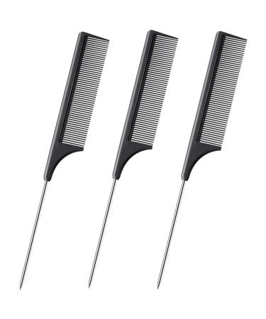 DAZISEN 3 Pieces Hair Comb - Anti-Static Tail Combs Fine Tooth Combs Salon Barber Hairdressing Comb with Stainless Steel Handle for Women and Men Black *3