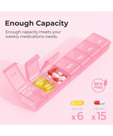 AUVON Weekly Pill Organizer - Arthritis Friendly BPA-Free Portable & Cute Pill Case for Vitamins Supplements & Medications - Effortless Opening Design 7 Day (Pink - Holds 6 Fish Oils - Buy Online on GoSupps.com