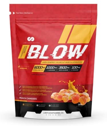 Limitless Pharma Blow Pre Workout Powder | Increased Energy Nitric Oxide Booster Enhanced Endurance Focus | L-Citrulline Beta-Alanine L-Arginine Caffeine | 50 Servings (Peach Candies)