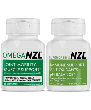 OMEGANZL Omega-3 Natural Joint Relief Supplement Natural Muscle Support Green-Lipped Mussel Oil Joint Support No Fishy Aftertaste 60 Softgels Plus one Bottle of Super Greens 30 Capsules