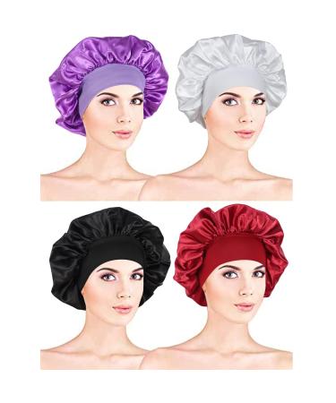 ANANASWEET 4 pcs Satin Bonnet Silk Bonnet Hair Bonnet For Sleeping Satin Bonnet For Hair Bonnets For Women Silk Bonnet For Natural Hair (Black  Copper Red  Purple  White)