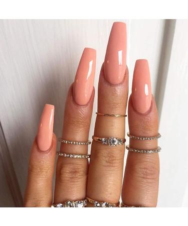 Brishow long artificial nails ballerina false nails pure color acrylic press the nails full cover stick on the nails 24 pieces for women and girls (orange 1)