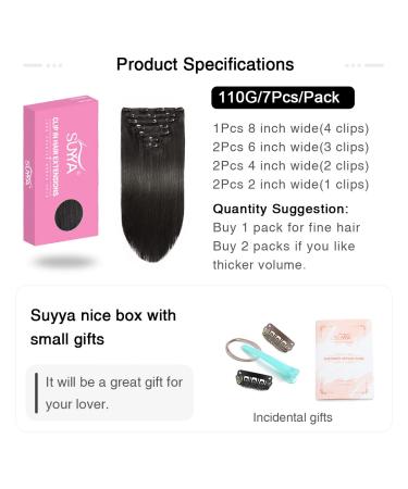 SUYAA 14 Inch Real Human Hair Clip in Extensions 7pcs 110g - Natural Black Double Weft Straight Clip in Hair Extensions - 1B Off Black - Buy Online on GoSupps.com