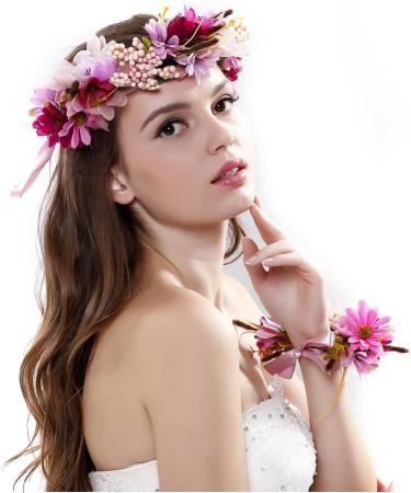 Ever Fairy Women Girl Flower Wreath Crown Floral Garland Headband Wrist Band Set for Wedding Purple - Buy Online on GoSupps.com