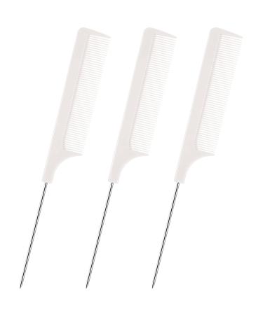 3 Pcs Rat Tail Combs Salon Hairdressing Comb with Stainless Steel Handle Fine Tooth Combs for Women Barber (White)