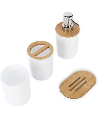 Yuugaa 4-Piece Bamboo Bathroom Set - Waterproof Accessories for Home & Hotel - Durable Gift Item - White Toothbrush Cup - Buy Online on GoSupps.com