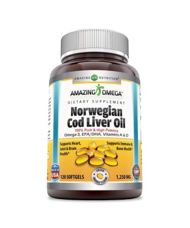 Amazing Omega Norwegian Cod Liver Oil 1250mg 120 Softgels (Orange) Fresh Orange Flavor