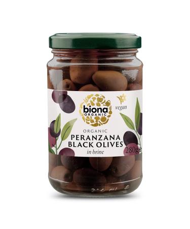 Biona Organic Peranzana Black Olives in Brine 280g Pack of 5 - from The Peranzana Olive Variety - Carefully Handpicked with A Crisp & Crunchy Texture - Preserved in Brine - Suitable for Vegans