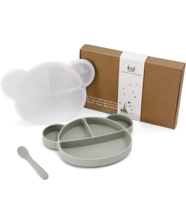 Suction Silicone Baby Plate with Lid, Spoon & Divided Sections - BPA Free & Dishwasher Safe - Toddler Self Feeding Dinnerware Set in Light Green - Buy Online on GoSupps.com