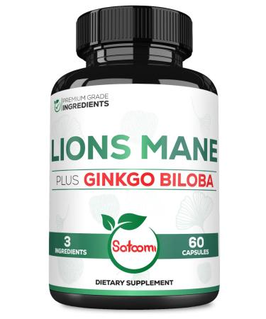 Satoomi Lions Mane with Ginkgo Biloba Supplement - 60 Capsules - Extra Strength for Restful Mind, Brain Health, Immune System & Focus - Gluten-Free, Non-GMO
