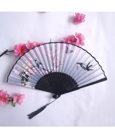 Hand Fans for Women Foldable 2Pcs Folding Hand Held Fans Elegant Flower Bird Butterfly Silk Fans with Grey Tassel Exquisite Black Bone Bamboo Chinese Fan for Dancing Party Wedding