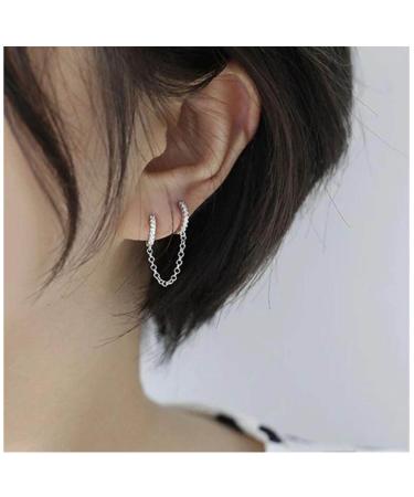 Boho Double Chain Hoop Earrings Gold Cz Hoop Chain Earrings Punk Dangle Chain Earrings Rhinestone Huggies Studs Earrings Jewelry for Women and Girls Gifts Silver