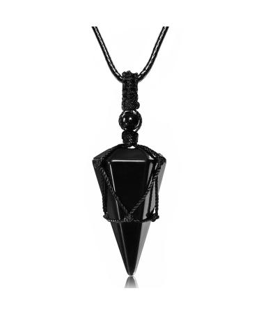Top Plaza 6 Facet Reiki Healing Crystal Stone Pointed Pendant Necklaces Adjustable Natural Gemstone Necklace Reiki Quartz Jewelry for Women Men Black - Black Obsidian - Buy Online on GoSupps.com