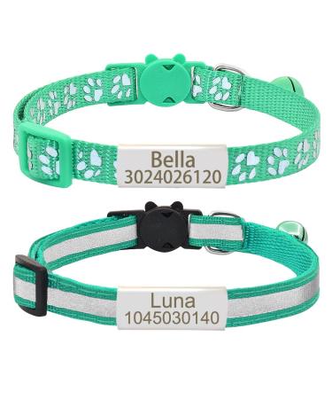 Senristar personalized 2 pack of reflective cat collar custom breakaway cat collars with name shield and bell anti-losing name tag cat collar for girls & boys neck: 20-28 cm green green