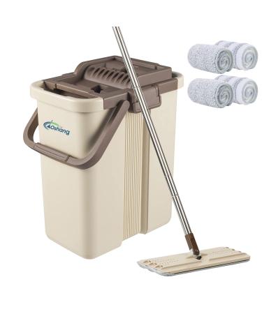 oshang Flat Squeeze Mop and Bucket - Hand-Free Wringing Floor Cleaning Mop - 4 Pieces Washable & Reusable Microfiber Mop Clothes/Pads Included - Wet or Dry Usage on Hardwood, Laminate, Tile