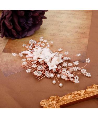 Chargances White Flower Pearl Hair Comb for Wedding Brides Bridesmaid Crystal Beaded Hair Comb Accessories Rhinestone Head Pieces for Women Girls Porm (Rose Gold) - Buy Online on GoSupps.com