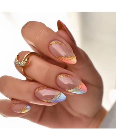JUSTOTRY 24 Pcs Gold Stripes Almond Short False Nails Rainbow French Press on Nails Pattern Colourful Fake Nails Short with Nail Glue Oval Medium Stick on Nails for Women and Teens Nails Art Rainbow&medium1