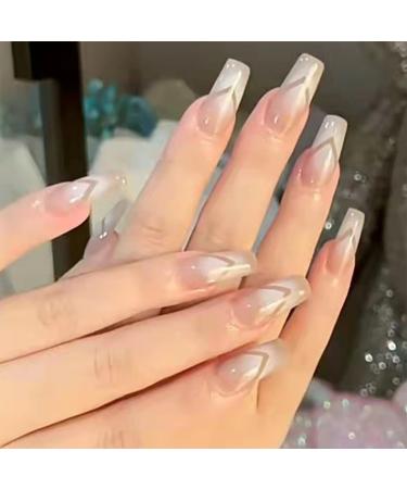 24pcs Square Stick on Nails Long Press on Nails French False Nails Removable Glue-on Nails Fake Nails Acrylic Full Cover Nails Women Girls Nail Art Accessories (Gradient) 0208Y88