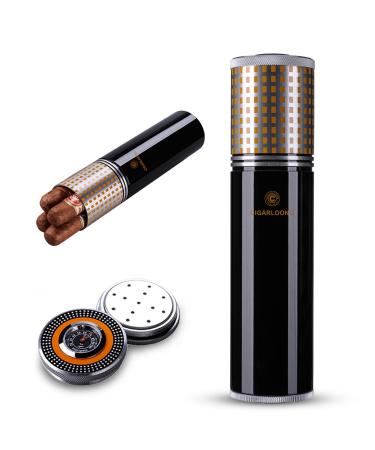 CIGARLOONG Cigar Case Portable Cigar Humidor Built-in Humidifier and Hygrometer for 3-5 Cigar Tube(Color:Black)
