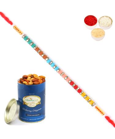 Ghasitaram Gifts Rakhi for Brother Rakhis Online - 6518 Fancy Thread Rakhi with 100 GMS of Dryfruits Mix Can