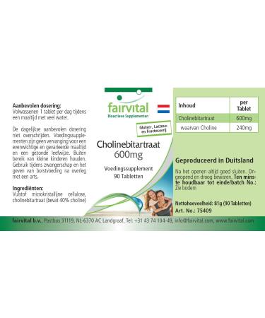 Fairvital | Bitartrate de choline 600 mg - 90 comprim s - M tabolisme h patique et lipidique* - 40% de choline - Qualit contr l e et dosage lev - 100% v gan - Fabriqu en Allemagne - Buy Online on GoSupps.com