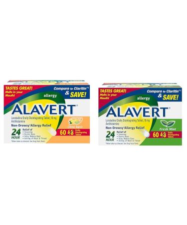 Alavert Allergy 24 Hour Relief Citrus Burst Flavor & Allergy 24 Hour Relief Fresh Mint Flavor Orally Disintegrating Allergy Tablets Non-drowsy Antihistamine Loratadine 10mg 60 Count