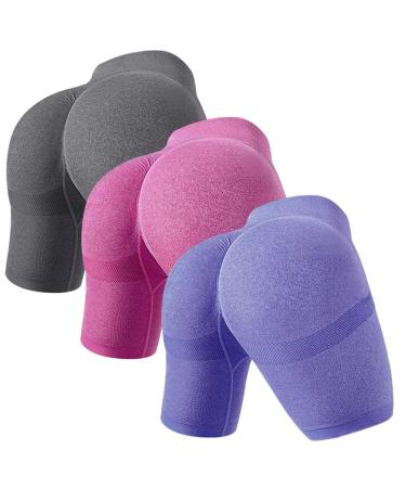 EUYZOU Women 3 Pieces Butt Lifting Yoga Shorts - High Waist Tummy Control Workout Gym Shorts Seamless Booty Leggings Grey/Purple/Rose Red 3pk Medium