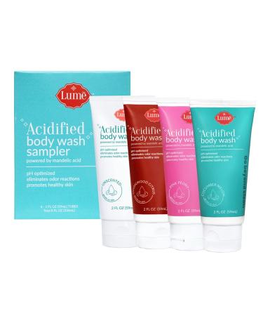 Lume Acidified Body Wash 4 Pack Mini Sampler - Eliminates Odor Reactions, pH Optimized and Promotes Healthy and Soft Skin - 2oz Mini Tubes (Sandalwood Citrus, Pink Peony, Cucumber Melon, Unscented) SandalwoodCitrus,PinkPeo…