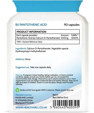 Vitamin B5 Pantothenic Acid 500mg 90 Capsules (V) (not Tablets) Purest: No Additives Vegan. Made in The UK by Health4All. 90 Count (Pack of 1) - Buy Online on GoSupps.com