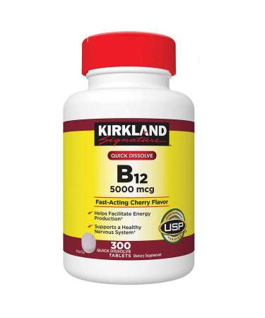 ADEMA Kirkland-Signature Quick Dissolve B 12 5000 mcg-Helps Facilitate Energy Production 300 Tablets Cherry(Pack of 1)