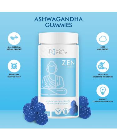 Nova Pharma Zen Ashwagandha Gummies 100% Vegan Increase Energy and Resistance to Stress - Soft and Chewable Gummies Promotes Sleep Non-GMO Ashwagandha Supplement - 60 Gummies - Buy Online on GoSupps.com
