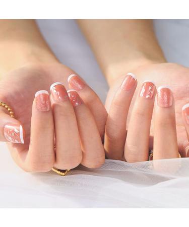 Sethexy glossy square short false nails French complete cover sparkle bright pink salon art design 24st false fingernails for women and girls