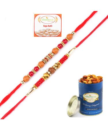 Ghasitaram Gifts Rakhi for Brother Rakhis Online - Set of 2- Nbh-226 and 6945 Rakhi Thread with 100 GMS of Dryfruits Mix Can 200 GMS of Kaju katli